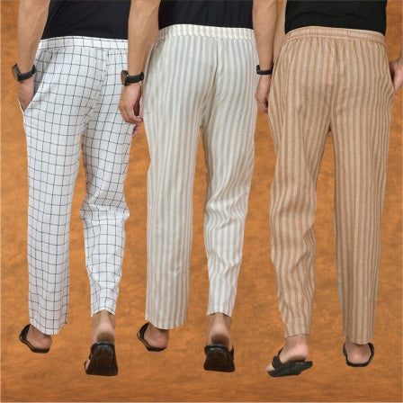 COMBO OF 3 MEN STRIPE COTTON HANDLOOM PANT BEIGE BEIGE AND WHITE-15272