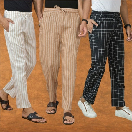 COMBO OF 3 MEN STRIPE COTTON HANDLOOM PANT BEIGE BLACK AND BEIGE-15334