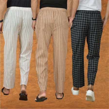 COMBO OF 3 MEN STRIPE COTTON HANDLOOM PANT BEIGE BLACK AND BEIGE-15334