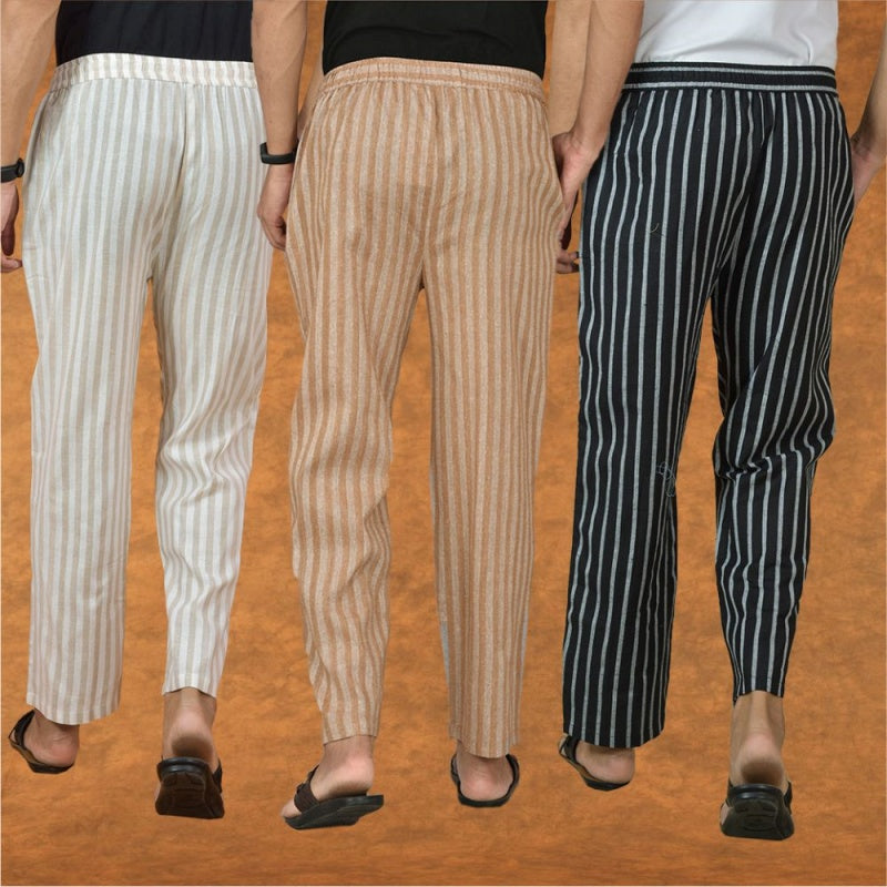COMBO OF 3 MEN STRIPE COTTON HANDLOOM PANT BEIGE BLACK AND BEIGE-15341