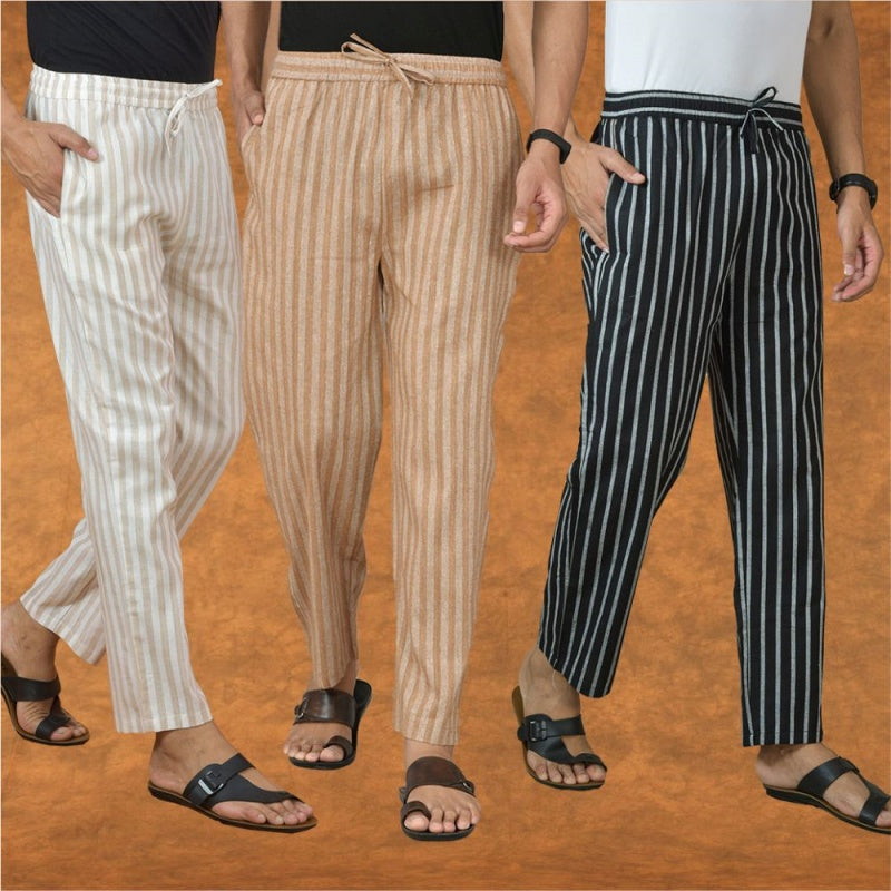 COMBO OF 3 MEN STRIPE COTTON HANDLOOM PANT BEIGE BLACK AND BEIGE-15341
