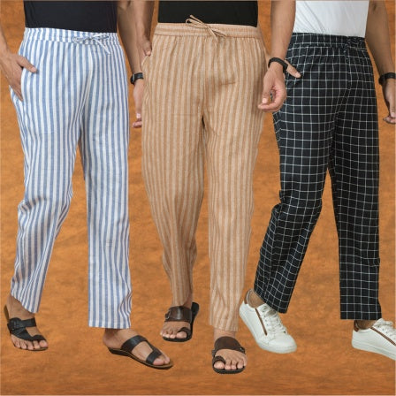 COMBO OF 3 MEN STRIPE COTTON HANDLOOM PANT BEIGE BLACK AND BLUE-15234