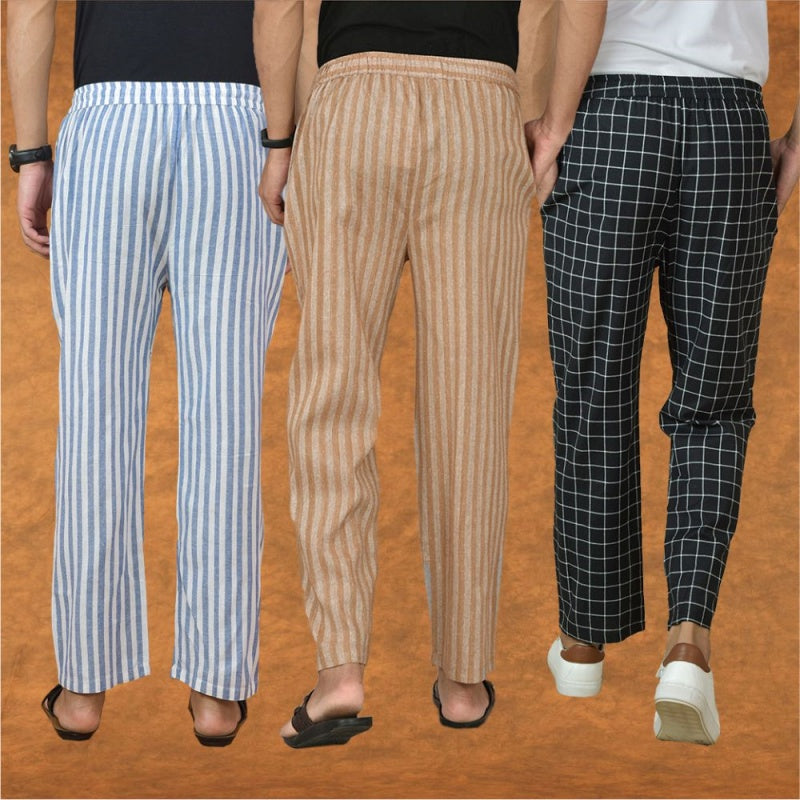 COMBO OF 3 MEN STRIPE COTTON HANDLOOM PANT BEIGE BLACK AND BLUE-15234