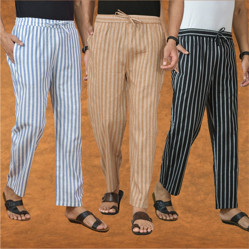 COMBO OF 3 MEN STRIPE COTTON HANDLOOM PANT BEIGE BLACK AND BLUE-15241