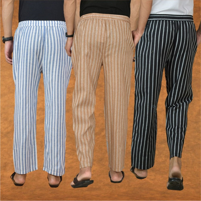 COMBO OF 3 MEN STRIPE COTTON HANDLOOM PANT BEIGE BLACK AND BLUE-15241