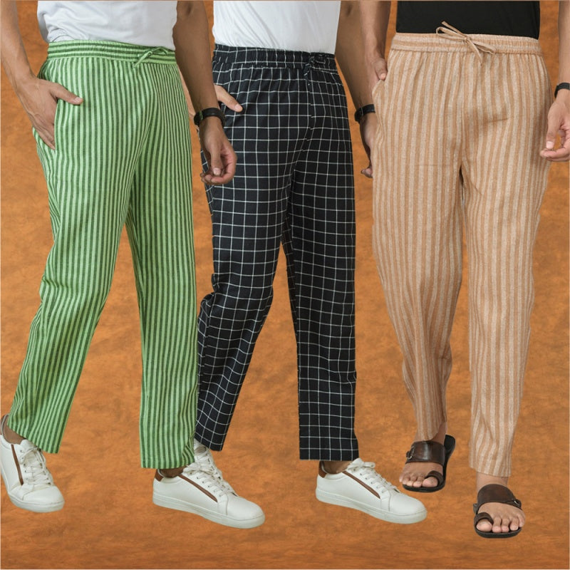 COMBO OF 3 MEN STRIPE COTTON HANDLOOM PANT BEIGE BLACK AND OLIVE GREEN-15370