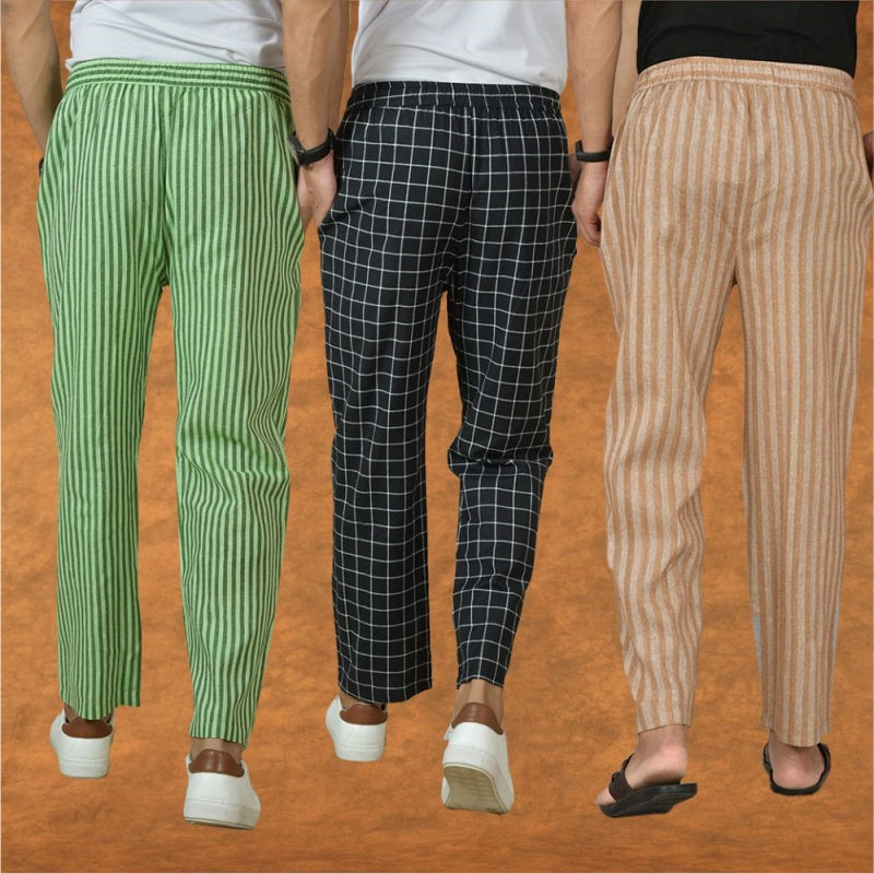 COMBO OF 3 MEN STRIPE COTTON HANDLOOM PANT BEIGE BLACK AND OLIVE GREEN-15370