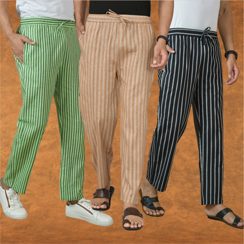 COMBO OF 3 MEN STRIPE COTTON HANDLOOM PANT BEIGE BLACK AND OLIVE GREEN-15377