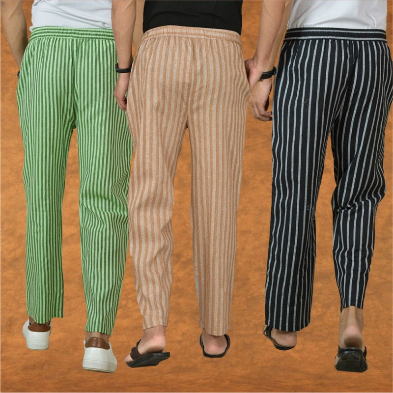COMBO OF 3 MEN STRIPE COTTON HANDLOOM PANT BEIGE BLACK AND OLIVE GREEN-15377