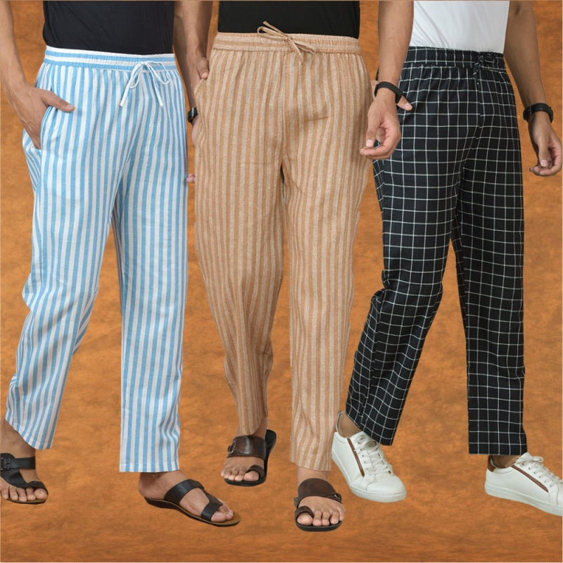 COMBO OF 3 MEN STRIPE COTTON HANDLOOM PANT BEIGE BLACK AND SKY BLUE-15167