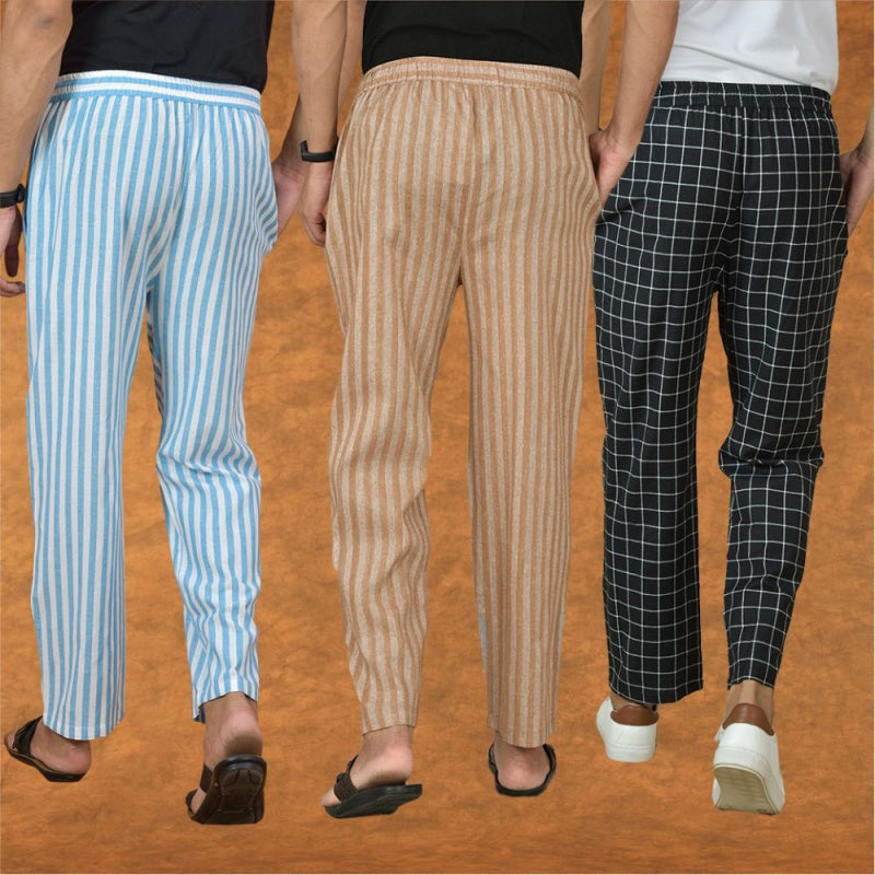COMBO OF 3 MEN STRIPE COTTON HANDLOOM PANT BEIGE BLACK AND SKY BLUE-15167
