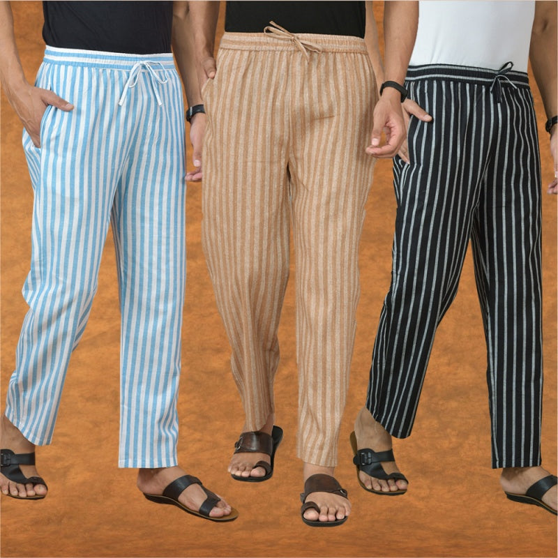 COMBO OF 3 MEN STRIPE COTTON HANDLOOM PANT BEIGE BLACK AND SKY BLUE-15174