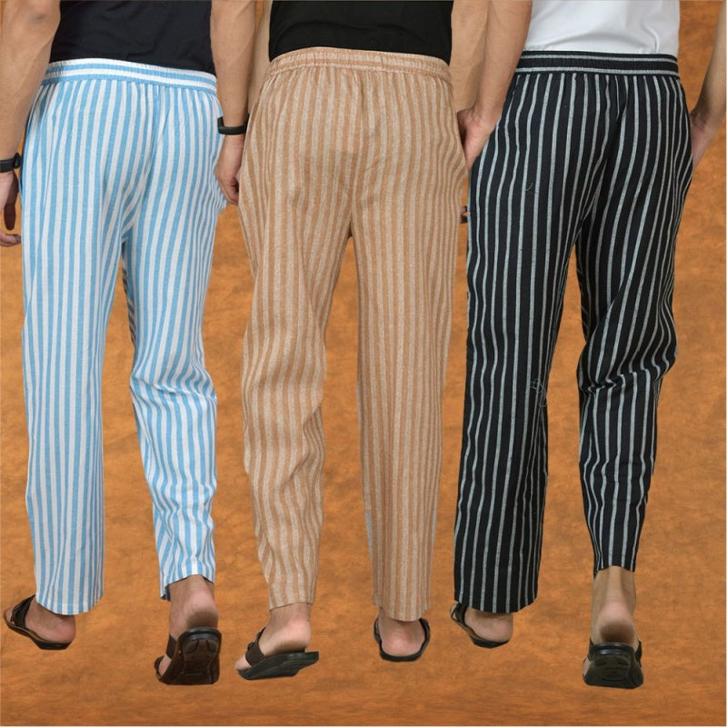 COMBO OF 3 MEN STRIPE COTTON HANDLOOM PANT BEIGE BLACK AND SKY BLUE-15174