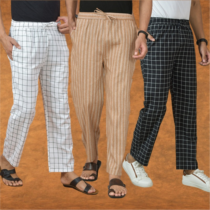 COMBO OF 3 MEN STRIPE COTTON HANDLOOM PANT BEIGE BLACK AND WHITE-15289