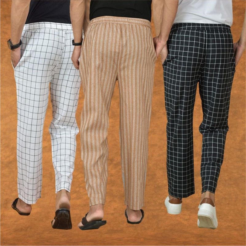 COMBO OF 3 MEN STRIPE COTTON HANDLOOM PANT BEIGE BLACK AND WHITE-15289