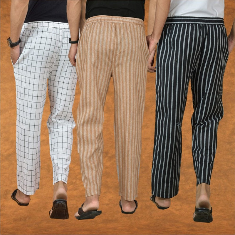 COMBO OF 3 MEN STRIPE COTTON HANDLOOM PANT BEIGE BLACK AND WHITE-15296