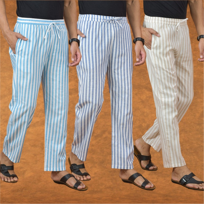 COMBO OF 3 MEN STRIPE COTTON HANDLOOM PANT BEIGE BLUE AND SKY BLUE-15123