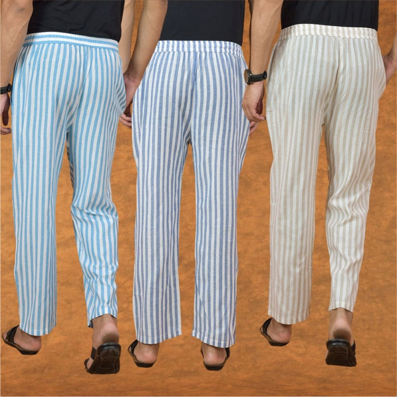 COMBO OF 3 MEN STRIPE COTTON HANDLOOM PANT BEIGE BLUE AND SKY BLUE-15123