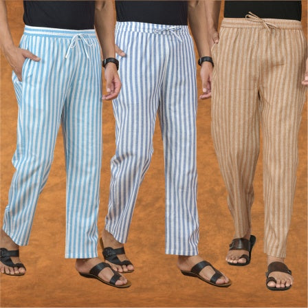 COMBO OF 3 MEN STRIPE COTTON HANDLOOM PANT BEIGE BLUE AND SKY BLUE-15129