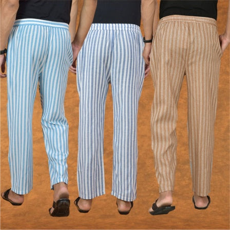 COMBO OF 3 MEN STRIPE COTTON HANDLOOM PANT BEIGE BLUE AND SKY BLUE-15129