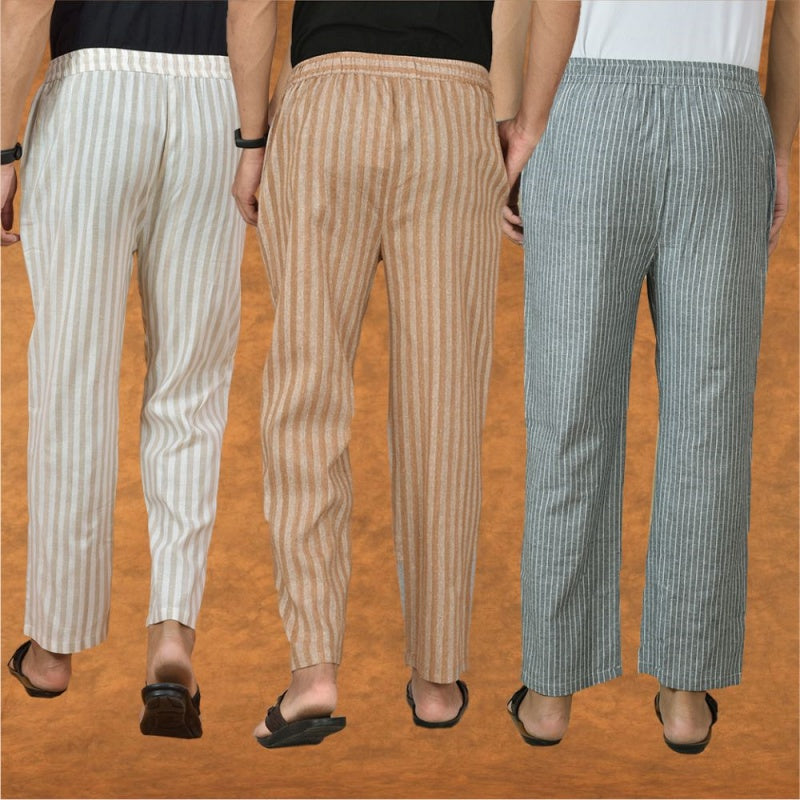 COMBO OF 3 MEN STRIPE COTTON HANDLOOM PANT BEIGE GRAY AND BEIGE-15347