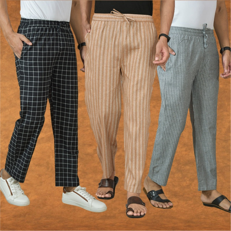 COMBO OF 3 MEN STRIPE COTTON HANDLOOM PANT BEIGE GRAY AND BLACK-15411