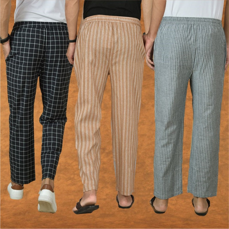 COMBO OF 3 MEN STRIPE COTTON HANDLOOM PANT BEIGE GRAY AND BLACK-15411