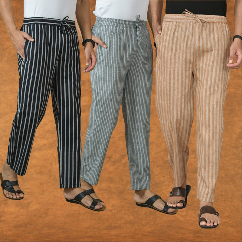 COMBO OF 3 MEN STRIPE COTTON HANDLOOM PANT BEIGE GRAY AND BLACK-15432