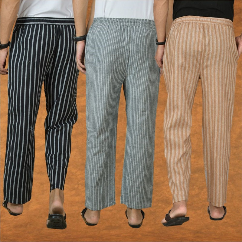 COMBO OF 3 MEN STRIPE COTTON HANDLOOM PANT BEIGE GRAY AND BLACK-15432