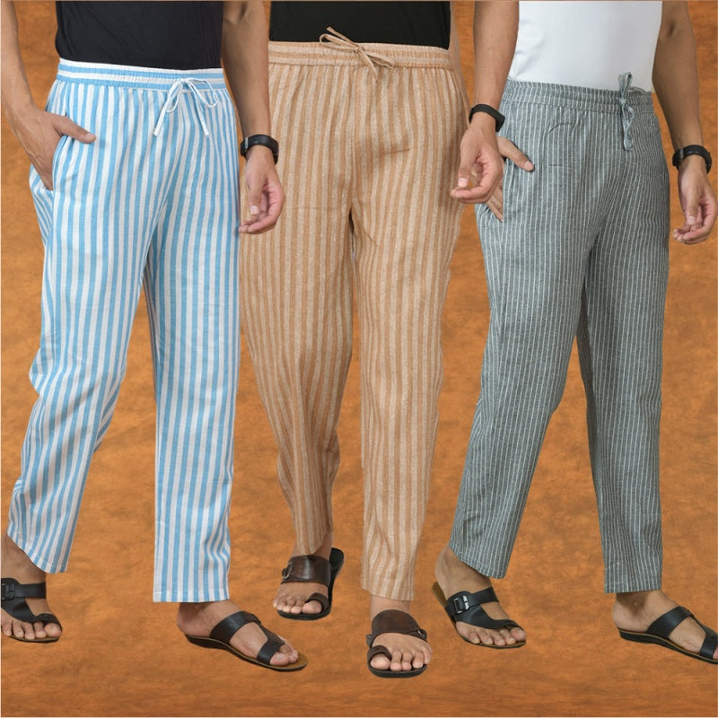 COMBO OF 3 MEN STRIPE COTTON HANDLOOM PANT BEIGE GRAY AND SKY BLUE-15180