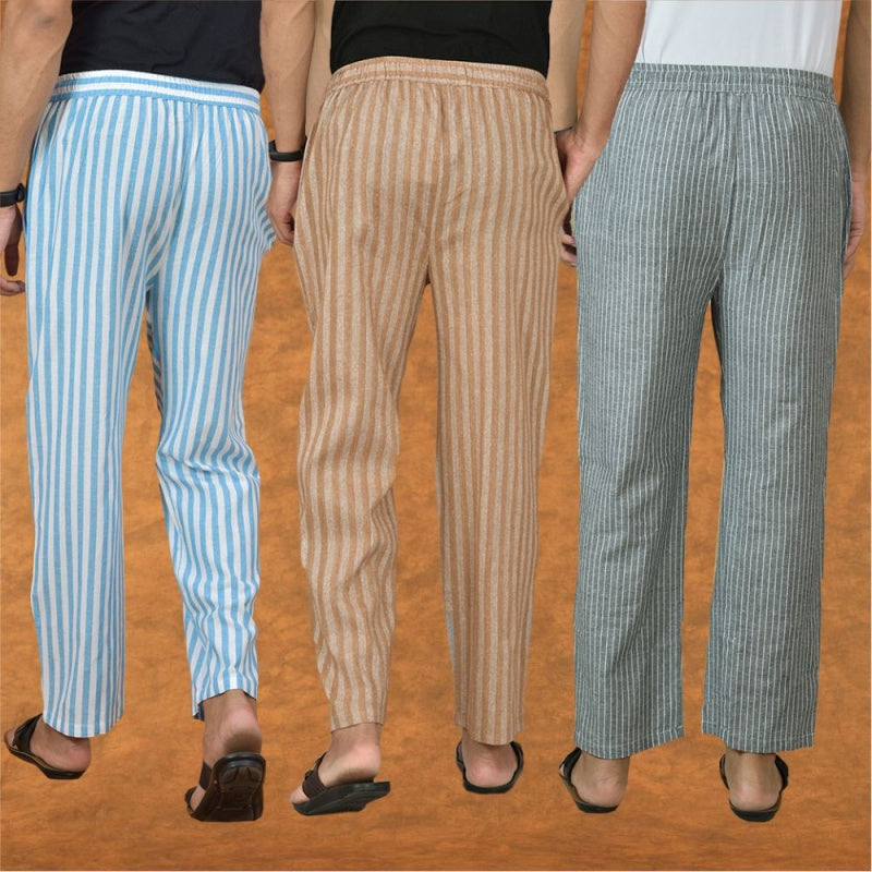 COMBO OF 3 MEN STRIPE COTTON HANDLOOM PANT BEIGE GRAY AND SKY BLUE-15180