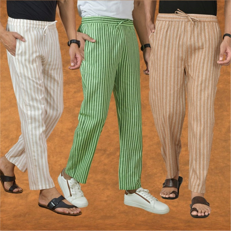 COMBO OF 3 MEN STRIPE COTTON HANDLOOM PANT BEIGE OLIVE GREEN AND BEIGE-15326
