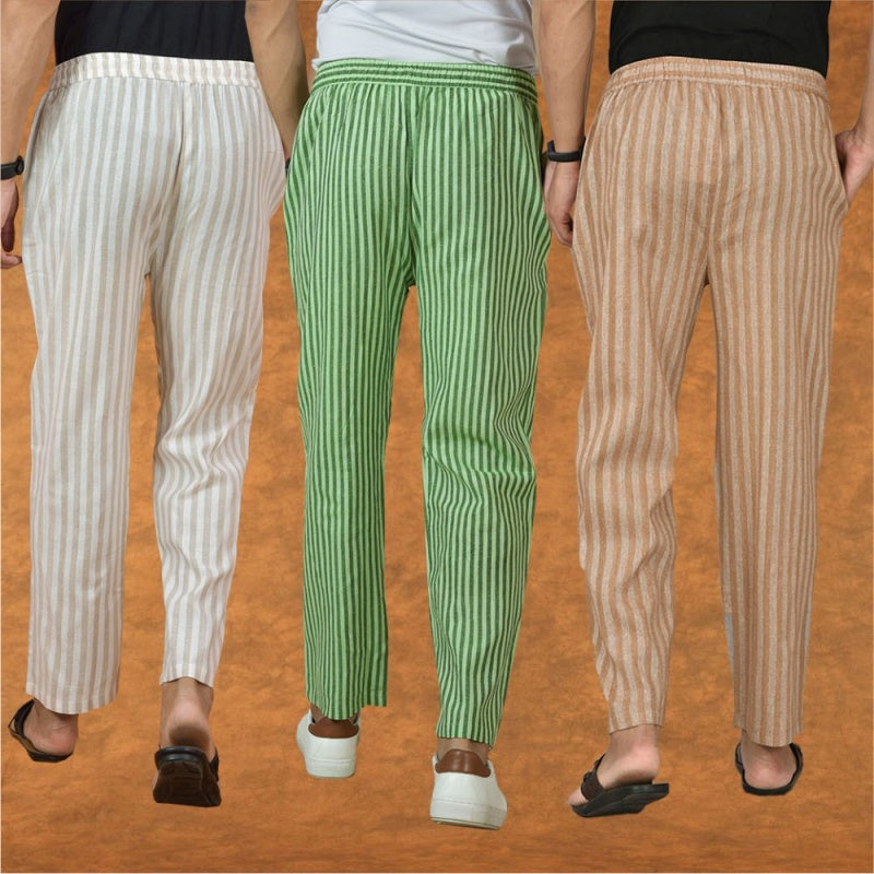 COMBO OF 3 MEN STRIPE COTTON HANDLOOM PANT BEIGE OLIVE GREEN AND BEIGE-15326