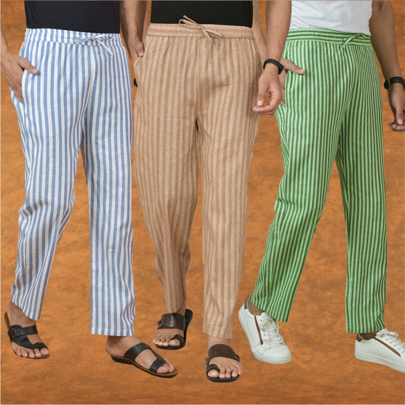 COMBO OF 3 MEN STRIPE COTTON HANDLOOM PANT BEIGE OLIVE GREEN AND BLUE-15226