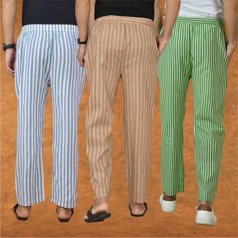 COMBO OF 3 MEN STRIPE COTTON HANDLOOM PANT BEIGE OLIVE GREEN AND BLUE-15226