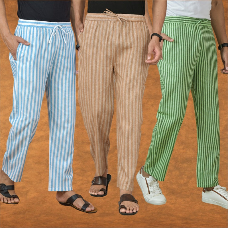 COMBO OF 3 MEN STRIPE COTTON HANDLOOM PANT BEIGE OLIVE GREEN AND SKY BLUE-15159
