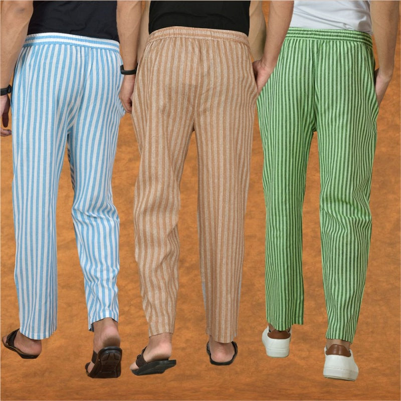COMBO OF 3 MEN STRIPE COTTON HANDLOOM PANT BEIGE OLIVE GREEN AND SKY BLUE-15159