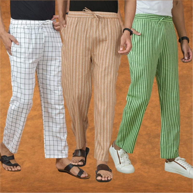 COMBO OF 3 MEN STRIPE COTTON HANDLOOM PANT BEIGE OLIVE GREEN AND WHITE-15281