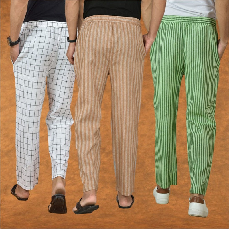COMBO OF 3 MEN STRIPE COTTON HANDLOOM PANT BEIGE OLIVE GREEN AND WHITE-15281