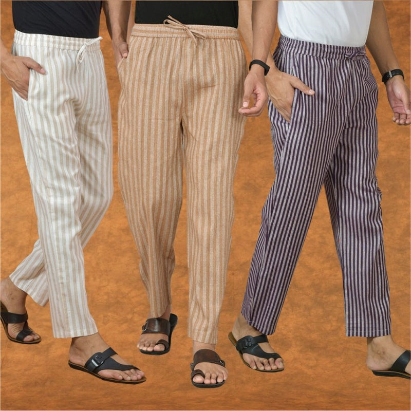 COMBO OF 3 MEN STRIPE COTTON HANDLOOM PANT BEIGE PURPLE AND BEIGE-15352