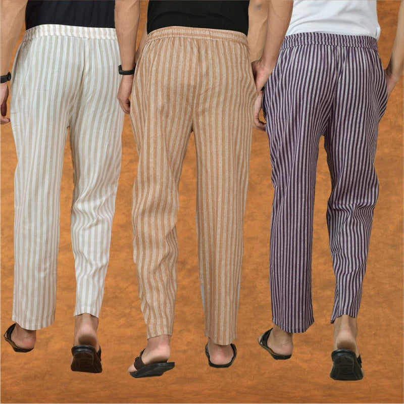 COMBO OF 3 MEN STRIPE COTTON HANDLOOM PANT BEIGE PURPLE AND BEIGE-15352