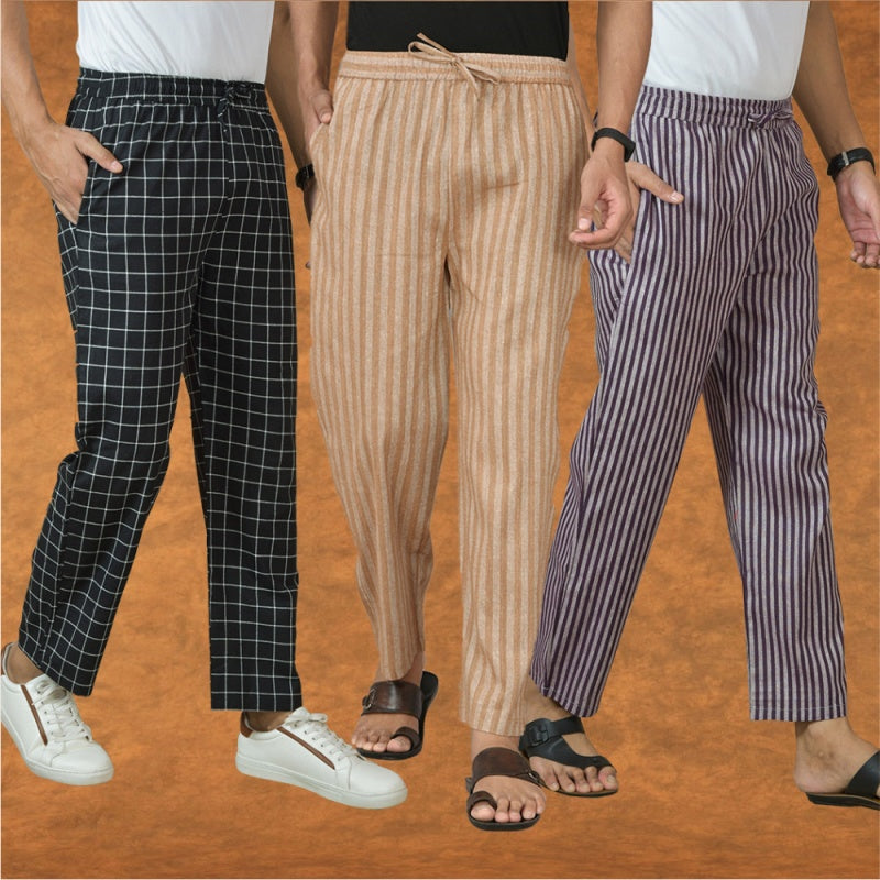 COMBO OF 3 MEN STRIPE COTTON HANDLOOM PANT BEIGE PURPLE AND BLACK-15416