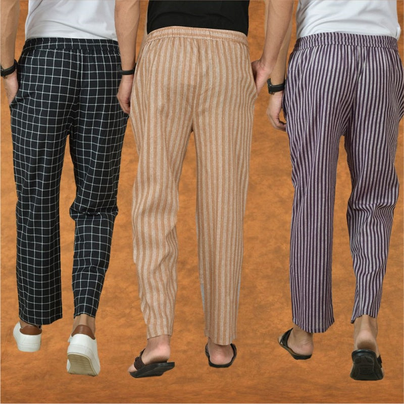 COMBO OF 3 MEN STRIPE COTTON HANDLOOM PANT BEIGE PURPLE AND BLACK-15416