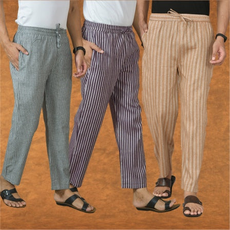 COMBO OF 3 MEN STRIPE COTTON HANDLOOM PANT BEIGE PURPLE AND GRAY-15452