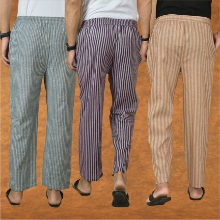 COMBO OF 3 MEN STRIPE COTTON HANDLOOM PANT BEIGE PURPLE AND GRAY-15452