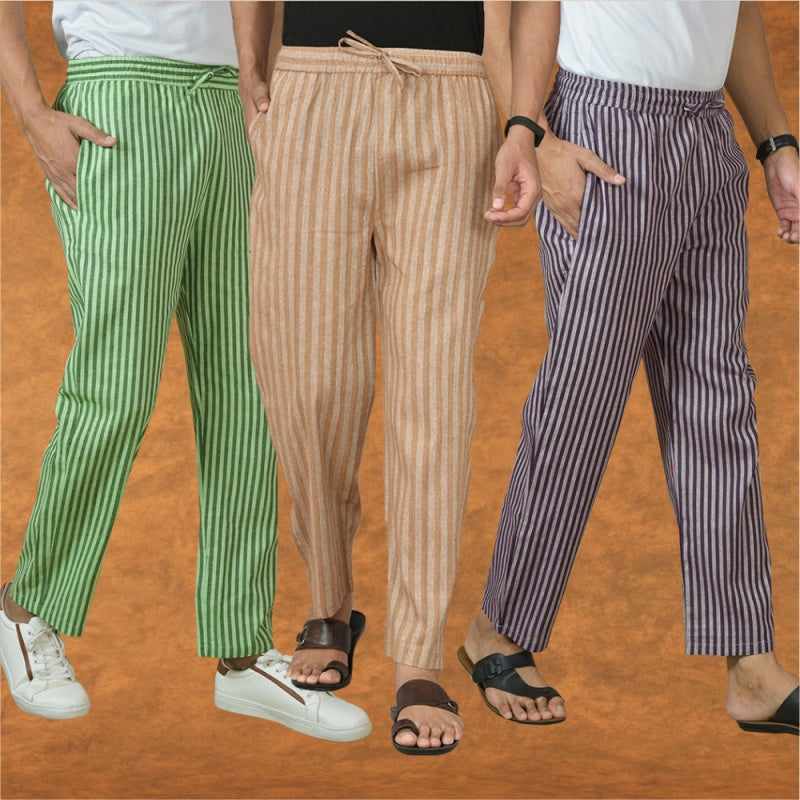 COMBO OF 3 MEN STRIPE COTTON HANDLOOM PANT BEIGE PURPLE AND OLIVE GREEN-15388