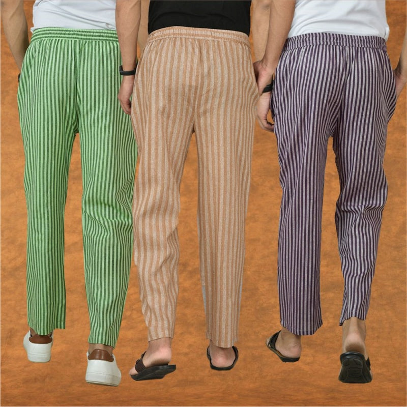 COMBO OF 3 MEN STRIPE COTTON HANDLOOM PANT BEIGE PURPLE AND OLIVE GREEN-15388