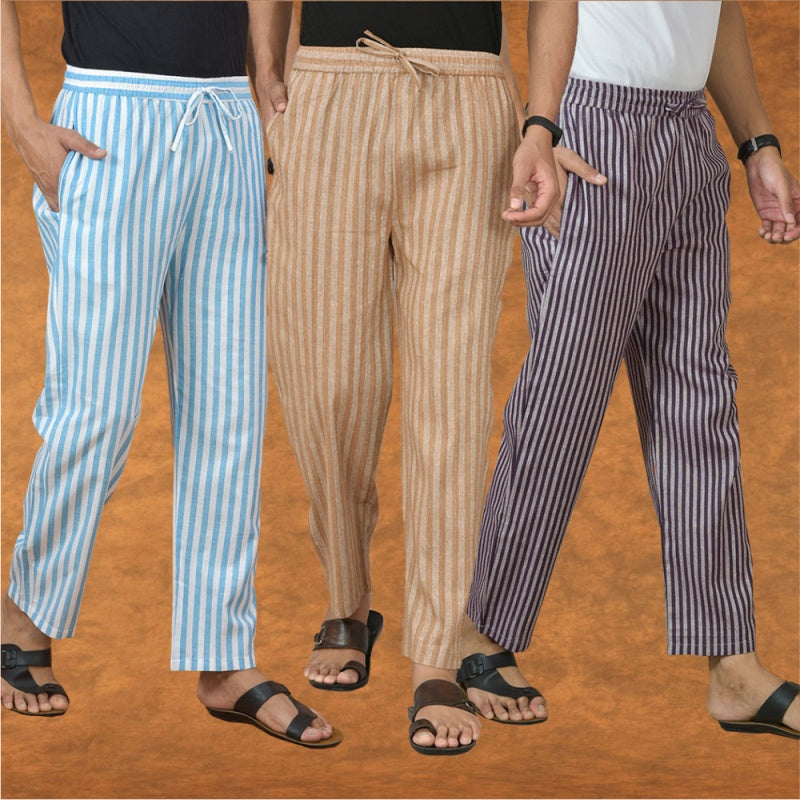 COMBO OF 3 MEN STRIPE COTTON HANDLOOM PANT BEIGE PURPLE AND SKY BLUE-15185