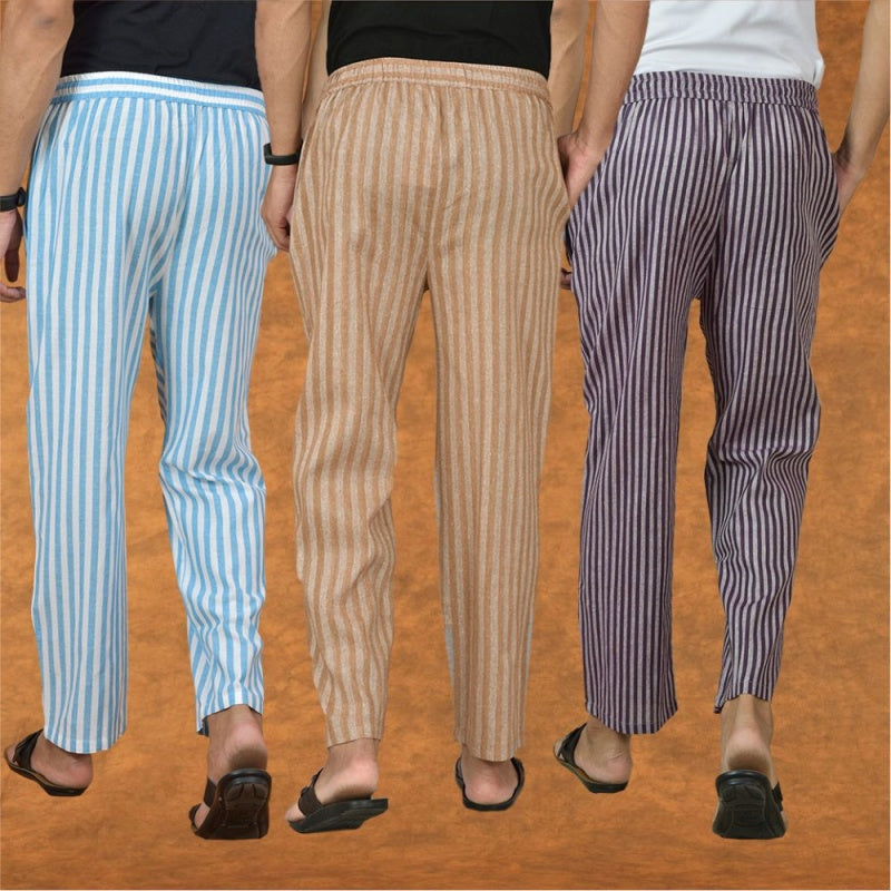COMBO OF 3 MEN STRIPE COTTON HANDLOOM PANT BEIGE PURPLE AND SKY BLUE-15185