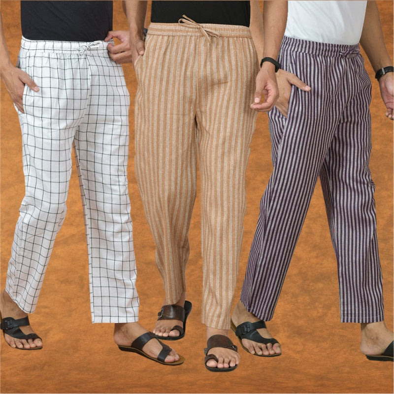 COMBO OF 3 MEN STRIPE COTTON HANDLOOM PANT BEIGE PURPLE AND WHITE-15307